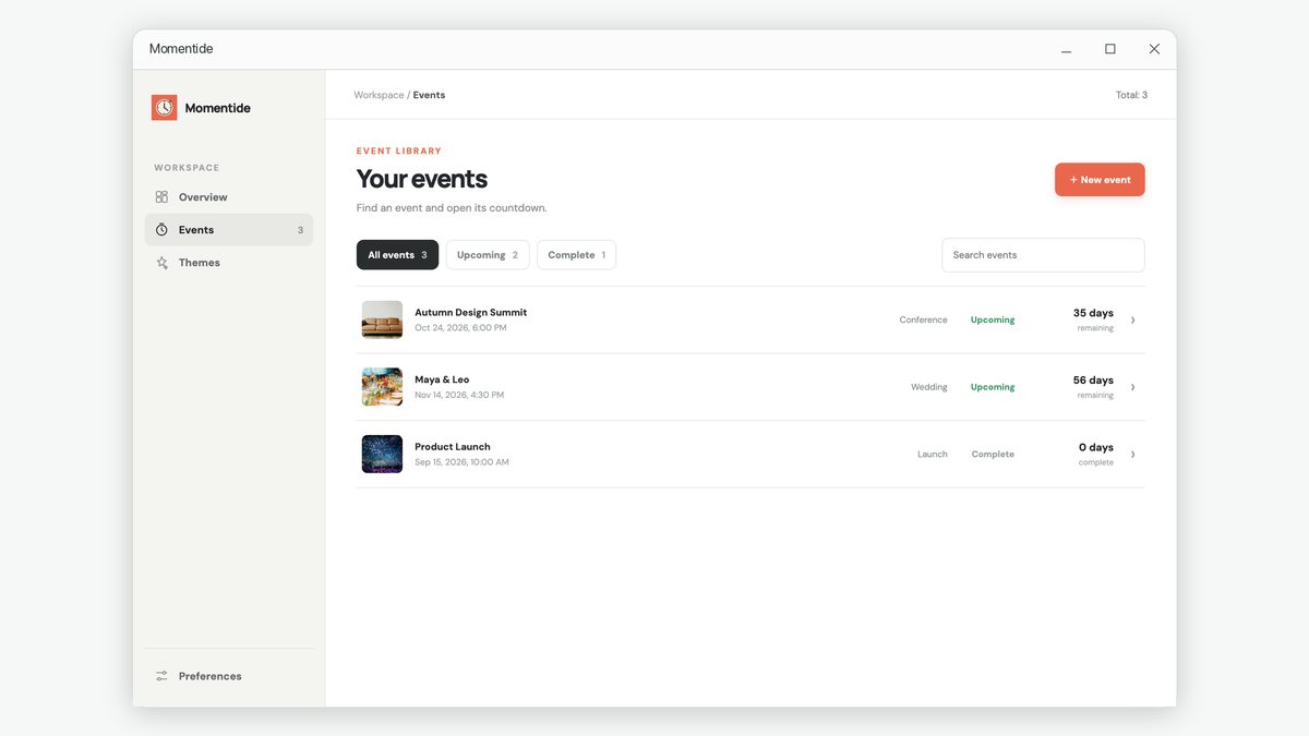 The events list showing upcoming and completed events.