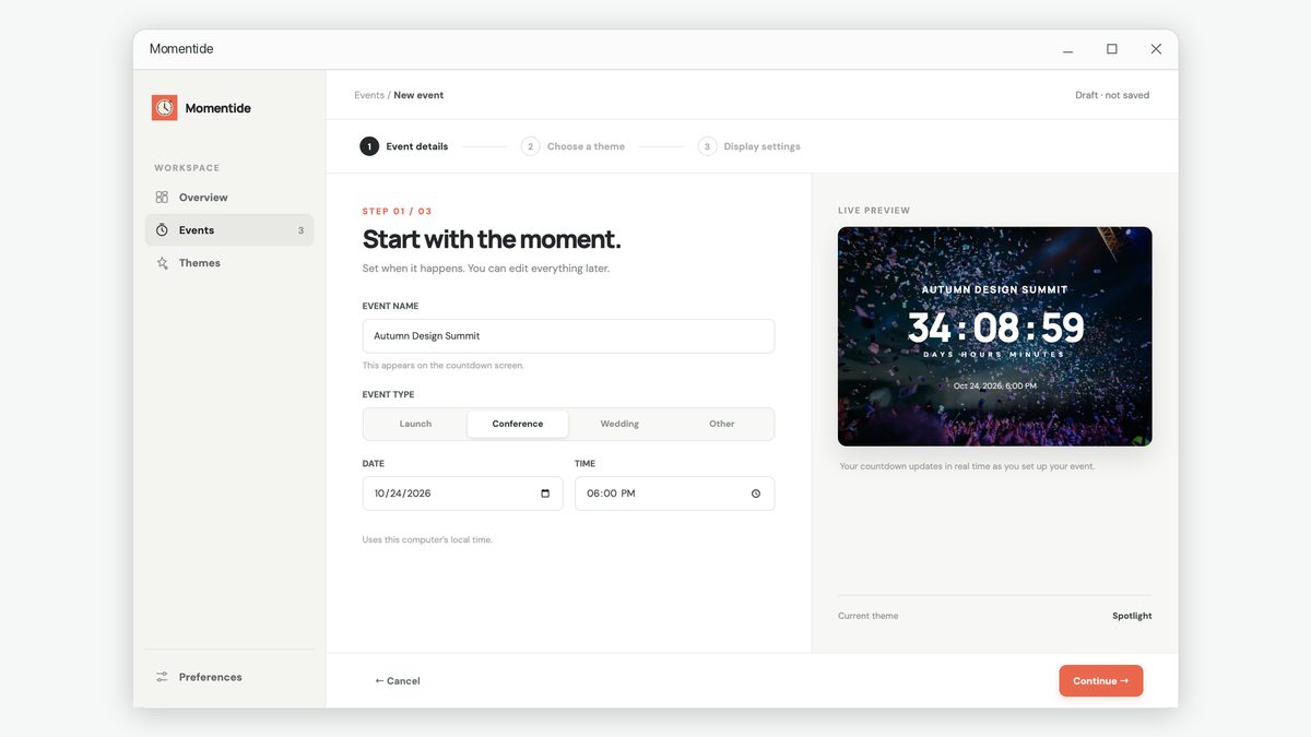 Creating an event and picking its date and time.