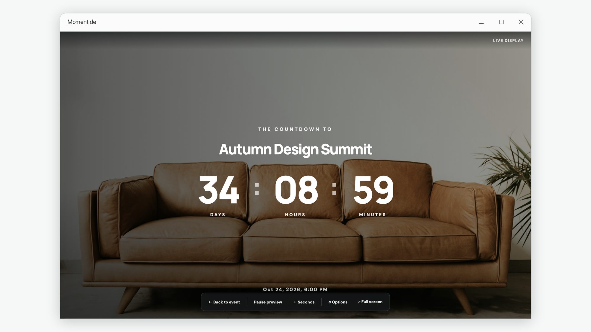The Momentide audience display showing a large full-screen countdown.