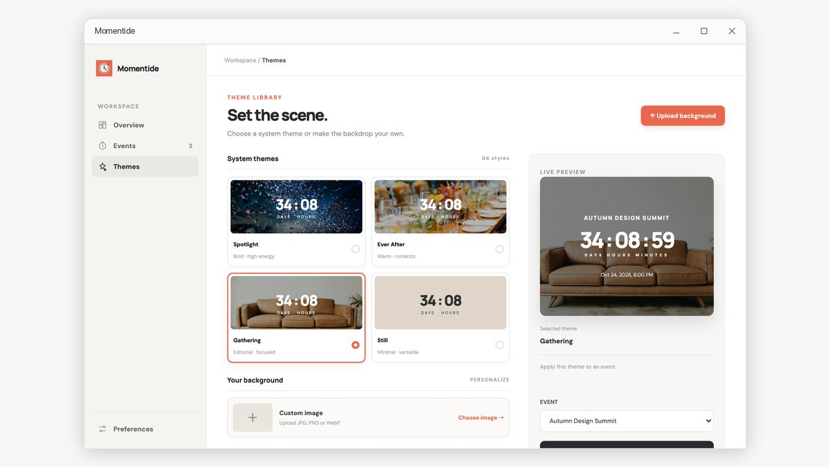 The theme library with preview tiles for each available theme.
